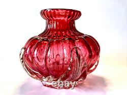 Old Stevens & Williams Art Cranberry Optical Applied Clear Handblown Glass Vase