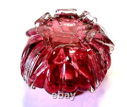 Old Stevens & Williams Art Cranberry Optical Applied Clear Handblown Glass Vase