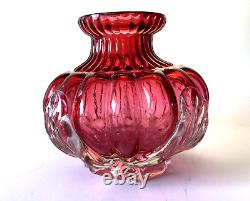 Old Stevens & Williams Art Cranberry Optical Applied Clear Handblown Glass Vase