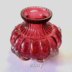 Old Stevens & Williams Art Cranberry Optical Applied Clear Handblown Glass Vase