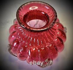 Old Stevens & Williams Art Cranberry Optical Applied Clear Handblown Glass Vase