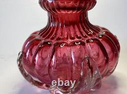 Old Stevens & Williams Art Cranberry Optical Applied Clear Handblown Glass Vase