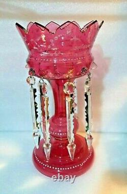 Old Victorian Gothic Cranberry Glass HP Enamel Mantle Lustre Prisms 12 Girandal