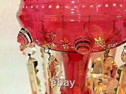 Old Victorian Gothic Cranberry Glass HP Enamel Mantle Lustre Prisms 12 Girandal