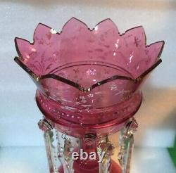 Old Victorian Gothic Cranberry Glass HP Enamel Mantle Lustre Prisms 12 Girandal