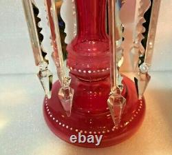 Old Victorian Gothic Cranberry Glass HP Enamel Mantle Lustre Prisms 12 Girandal