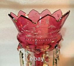 Old Victorian Gothic Cranberry Glass HP Enamel Mantle Lustre Prisms 12 Girandal