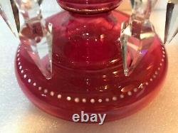 Old Victorian Gothic Cranberry Glass HP Enamel Mantle Lustre Prisms 12 Girandal