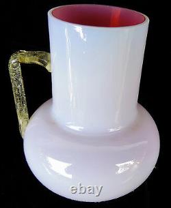 Opal Cranberry Art Glass Pitcher/Vase Amber Handle Antique 1880's