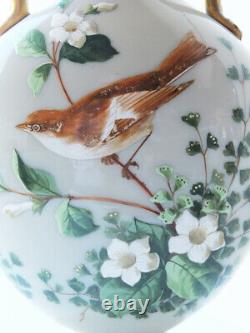 Opaline Art Glass VASE Hand Painted Enamelled Flowers & Bird Vintage Victorian