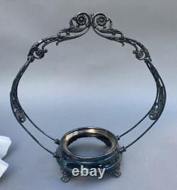 Ornate Antique Victorian Silver Plate & Decorated Art Glass Brides Basket