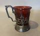 Ornate Antique Victorian Silver Plated Filigree Cup With Red Art Glass Insert