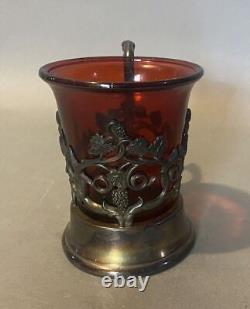 Ornate Antique Victorian Silver Plated Filigree Cup with Red Art Glass Insert