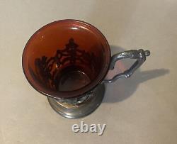 Ornate Antique Victorian Silver Plated Filigree Cup with Red Art Glass Insert