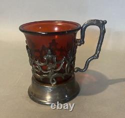 Ornate Antique Victorian Silver Plated Filigree Cup with Red Art Glass Insert