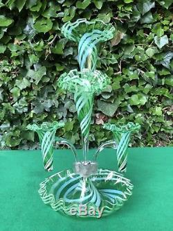 Outstanding Vintage Art Glass Candy Cane Green Epergne 17 Tall Rare