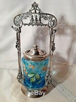 Owls On Top! Antique Pickle Castor Aqua Dotted Glass Enameled Insert