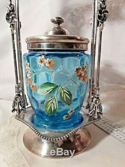 Owls On Top! Antique Pickle Castor Aqua Dotted Glass Enameled Insert