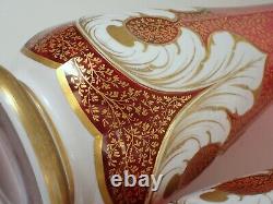 PAIR 14 Antique MOSER Bohemian Cased White Cut to Cranberry Glass Gold Vase Set