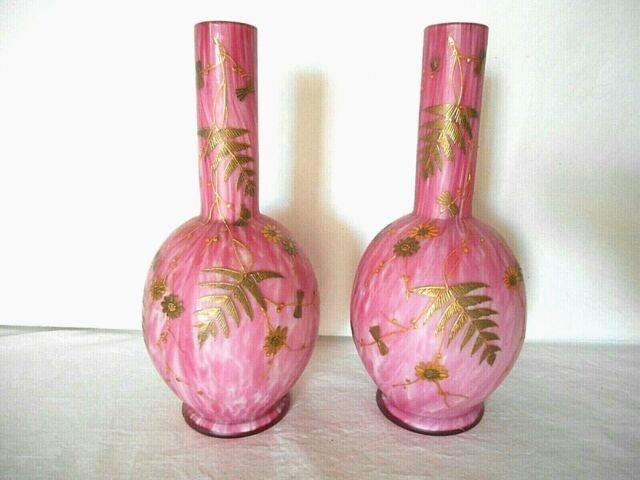 Pair Antique Webb Cased Pink Satin Glass Bottle Form Vases With Gold Ferns Flowers