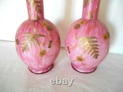 PAIR ANTIQUE WEBB CASED PINK SATIN GLASS BOTTLE FORM VASES with GOLD FERNS FLOWERS