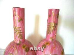 PAIR ANTIQUE WEBB CASED PINK SATIN GLASS BOTTLE FORM VASES with GOLD FERNS FLOWERS