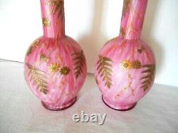 PAIR ANTIQUE WEBB CASED PINK SATIN GLASS BOTTLE FORM VASES with GOLD FERNS FLOWERS