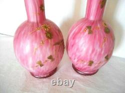 PAIR ANTIQUE WEBB CASED PINK SATIN GLASS BOTTLE FORM VASES with GOLD FERNS FLOWERS