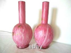 PAIR ANTIQUE WEBB CASED PINK SATIN GLASS BOTTLE FORM VASES with GOLD FERNS FLOWERS