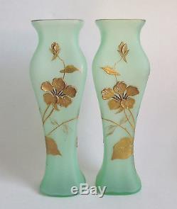 PAIR Antique LEGRAS MONT JOYE French URANIUM GOLD ENAMEL Art NOUVEAU Glass Vase
