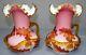 Pair Antique Stevens & Williams Pink Cased Art Glass Vase Oak Leaf & Acorns Set