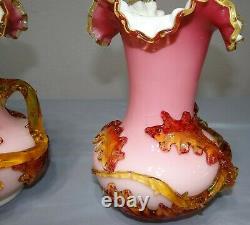 PAIR Antique Stevens & Williams Pink Cased Art Glass Vase Oak Leaf & Acorns Set