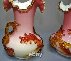 PAIR Antique Stevens & Williams Pink Cased Art Glass Vase Oak Leaf & Acorns Set