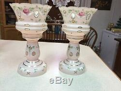 PAIR Antique Victorian Bohemian Cut Art Glass Mantle Lusters Roses Lovely