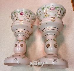 PAIR Antique Victorian Bohemian Cut Art Glass Mantle Lusters Roses Lovely