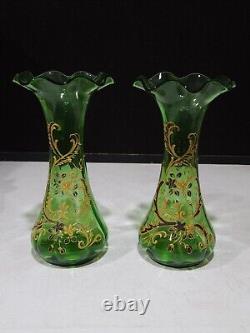 PAIR- Antique Victorian Green Art Glass Vases w Hand Painted Floral Enamel