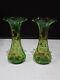 Pair- Antique Victorian Green Art Glass Vases W Hand Painted Floral Enamel