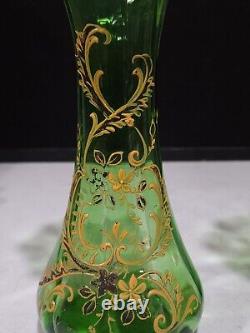 PAIR- Antique Victorian Green Art Glass Vases w Hand Painted Floral Enamel