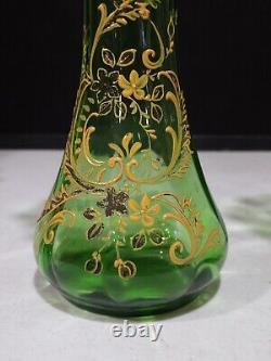 PAIR- Antique Victorian Green Art Glass Vases w Hand Painted Floral Enamel