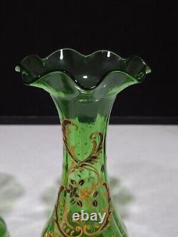 PAIR- Antique Victorian Green Art Glass Vases w Hand Painted Floral Enamel