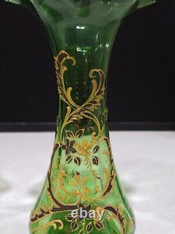 PAIR- Antique Victorian Green Art Glass Vases w Hand Painted Floral Enamel