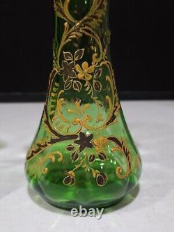 PAIR- Antique Victorian Green Art Glass Vases w Hand Painted Floral Enamel