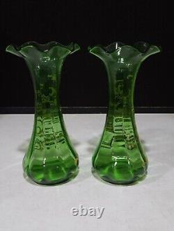 PAIR- Antique Victorian Green Art Glass Vases w Hand Painted Floral Enamel