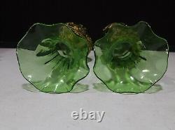 PAIR- Antique Victorian Green Art Glass Vases w Hand Painted Floral Enamel