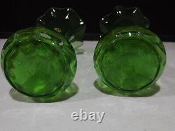 PAIR- Antique Victorian Green Art Glass Vases w Hand Painted Floral Enamel