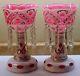 Pair Exquisite Bohemian Overlay 12 Tall Pink & White Cut Glass Lusters W Prisms