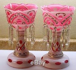 PAIR EXQUISITE BOHEMIAN OVERLAY 12 Tall PINK & WHITE CUT GLASS LUSTERS W PRISMS