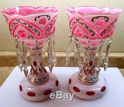 PAIR EXQUISITE BOHEMIAN OVERLAY 12 Tall PINK & WHITE CUT GLASS LUSTERS W PRISMS