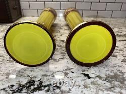 PAIR LARGE 14.25 MOSER Glass CUT To Yellow Ruby Red VASES Gold Gilding STUNNING