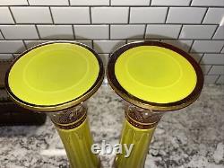 PAIR LARGE 14.25 MOSER Glass CUT To Yellow Ruby Red VASES Gold Gilding STUNNING